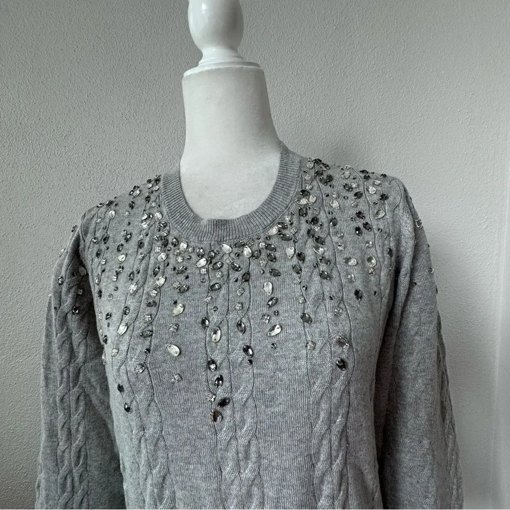 Isaac Mizrahi Live Gray Sweater Cable Knit Gemstone QVC Cardigan Size Small